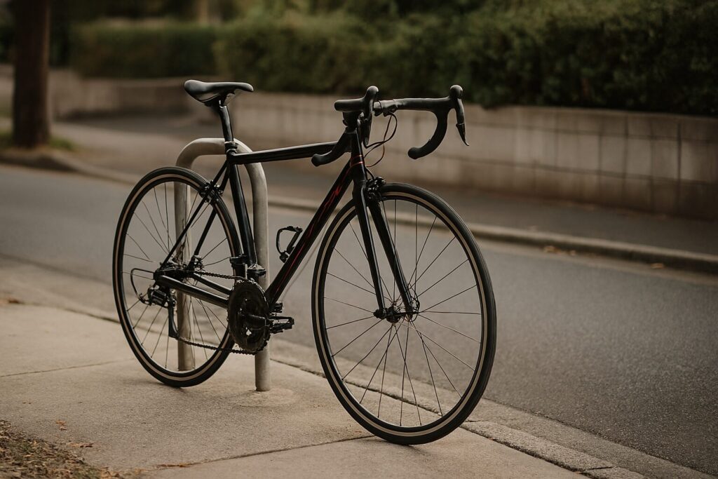 ロードバイクを壁に立てかけて安全に止める方法を説明するシーン