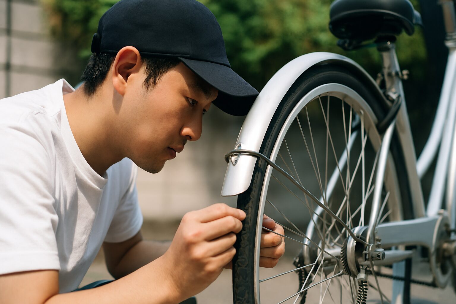 自転車タイヤキャップどこで売ってるを点検する男性