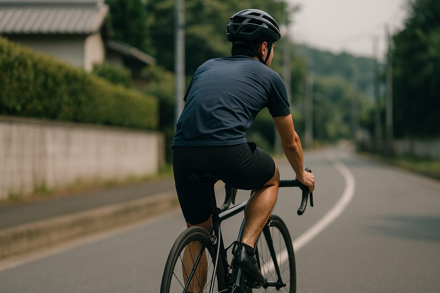 ロードバイク 背中 で 漕ぐ日本人男性