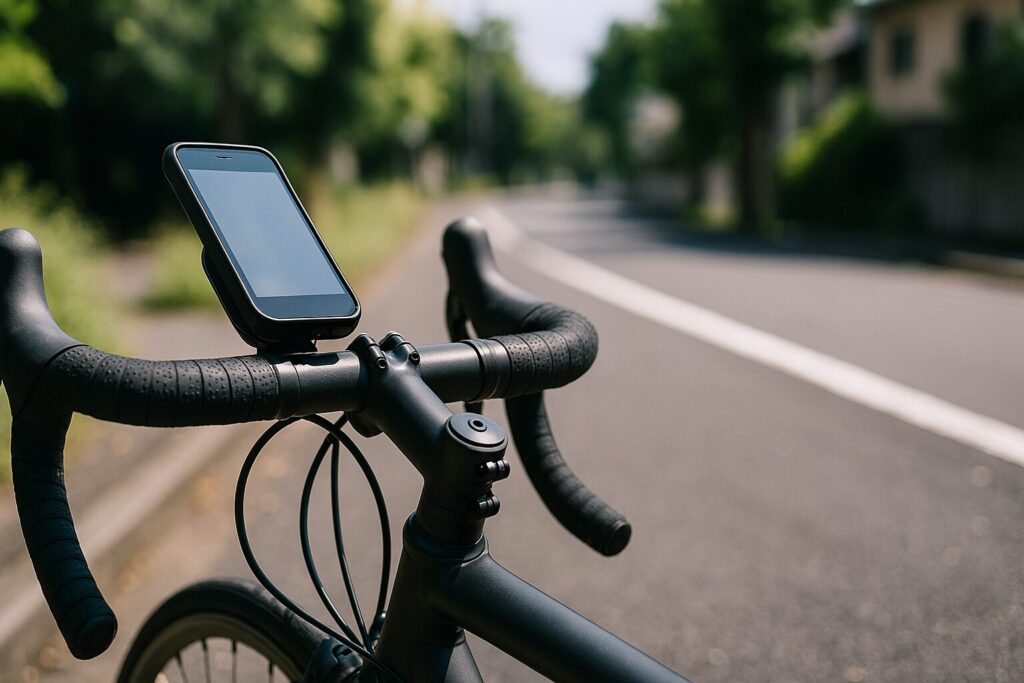 スマホ サイコンで河川敷を走る女性