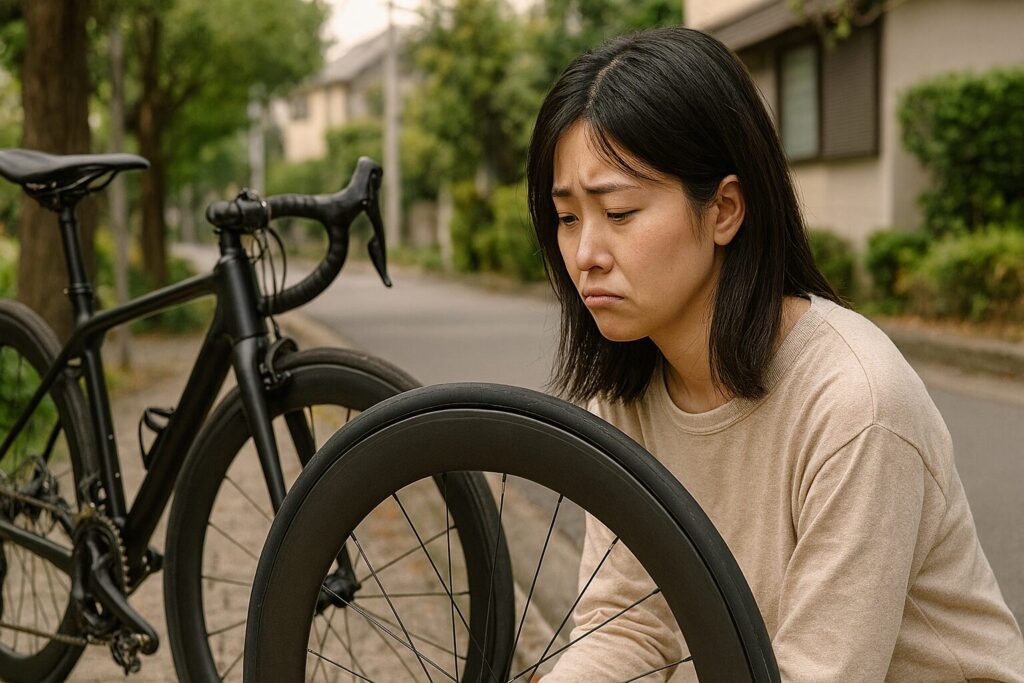 中華製カーボンホイールで後悔している女性の姿