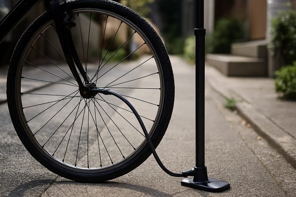 自転車のタイヤの空気の抜き方を説明する場面