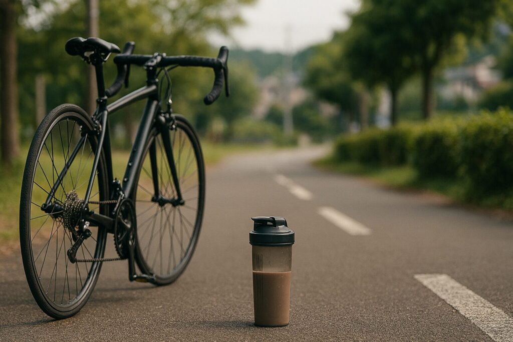 自転車30分後にプロテイン補給する女性