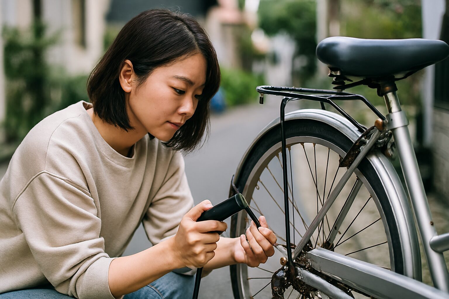 自転車タイヤの空気を抜く日本人女性