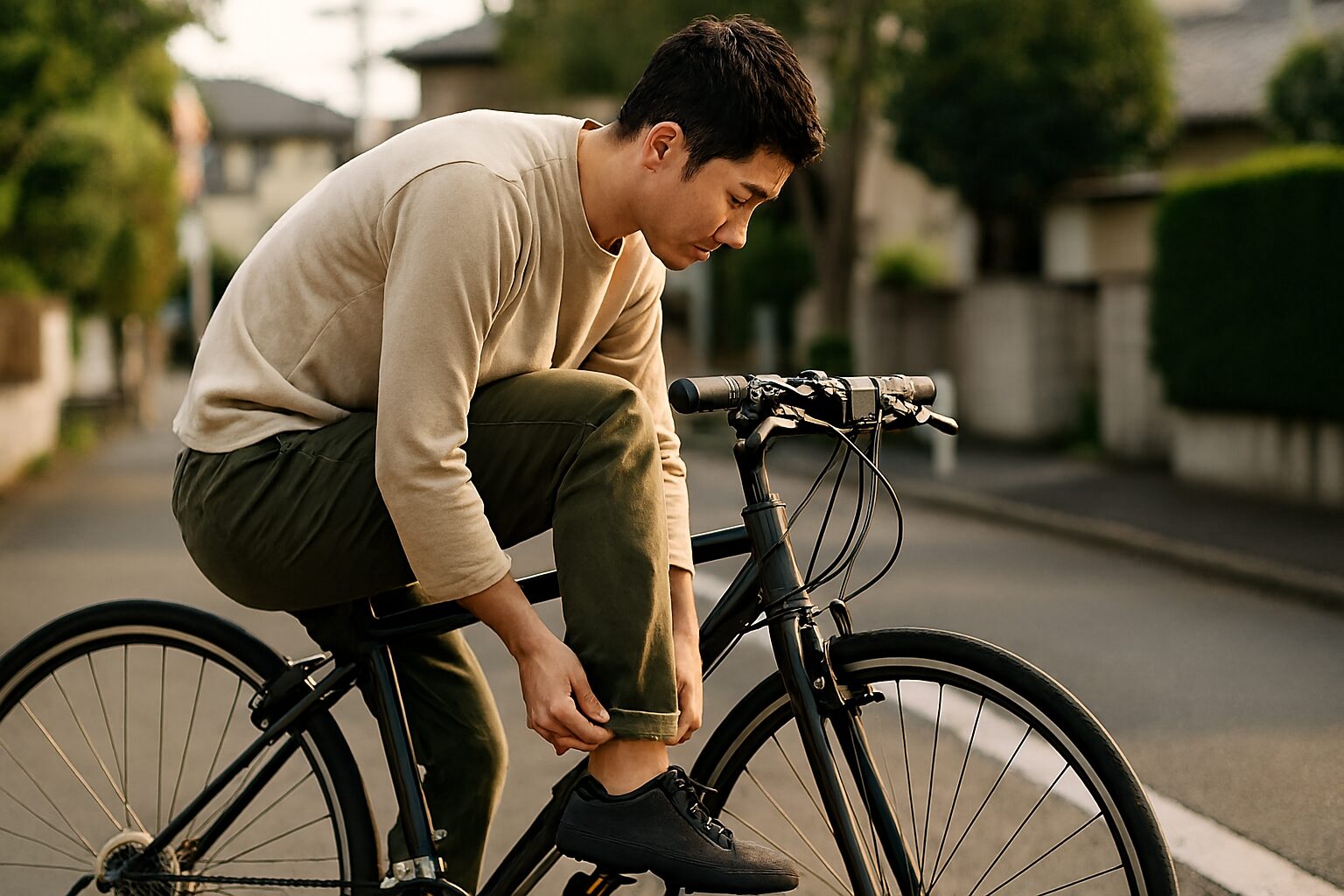 クロスバイクに乗る男性の裾対策