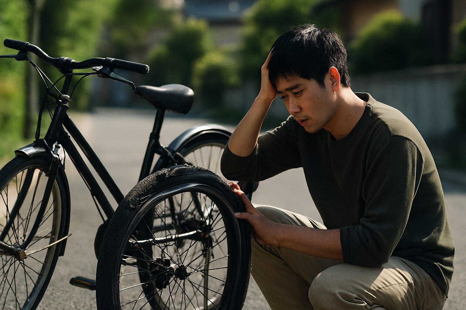 自転車タイヤ バーストに驚く日本人男性