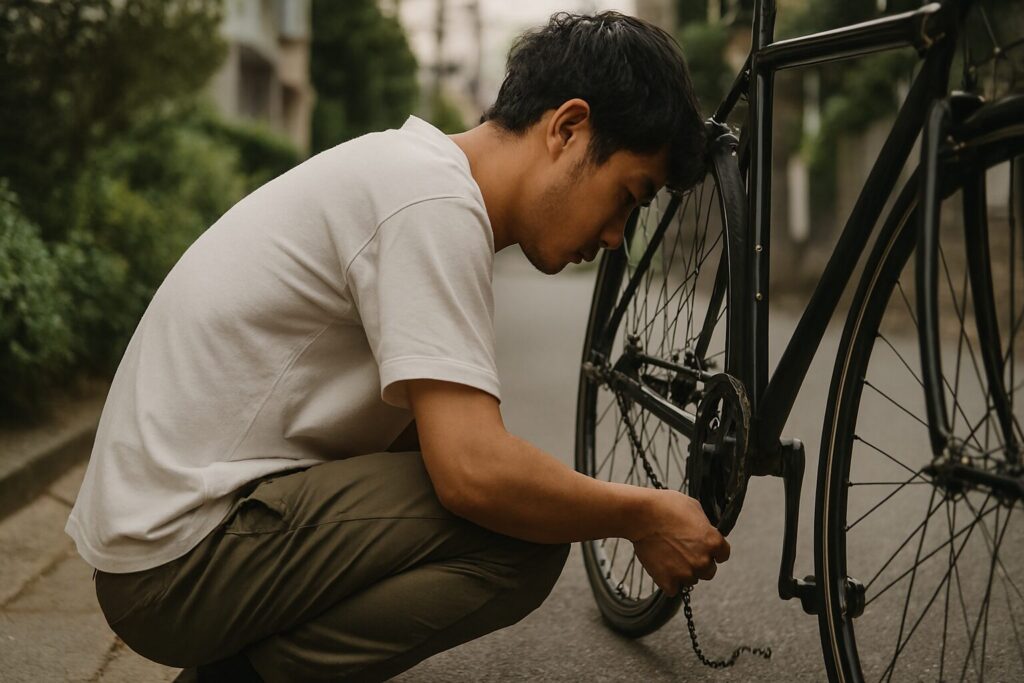 自転車のチェーン切れを確認する場面