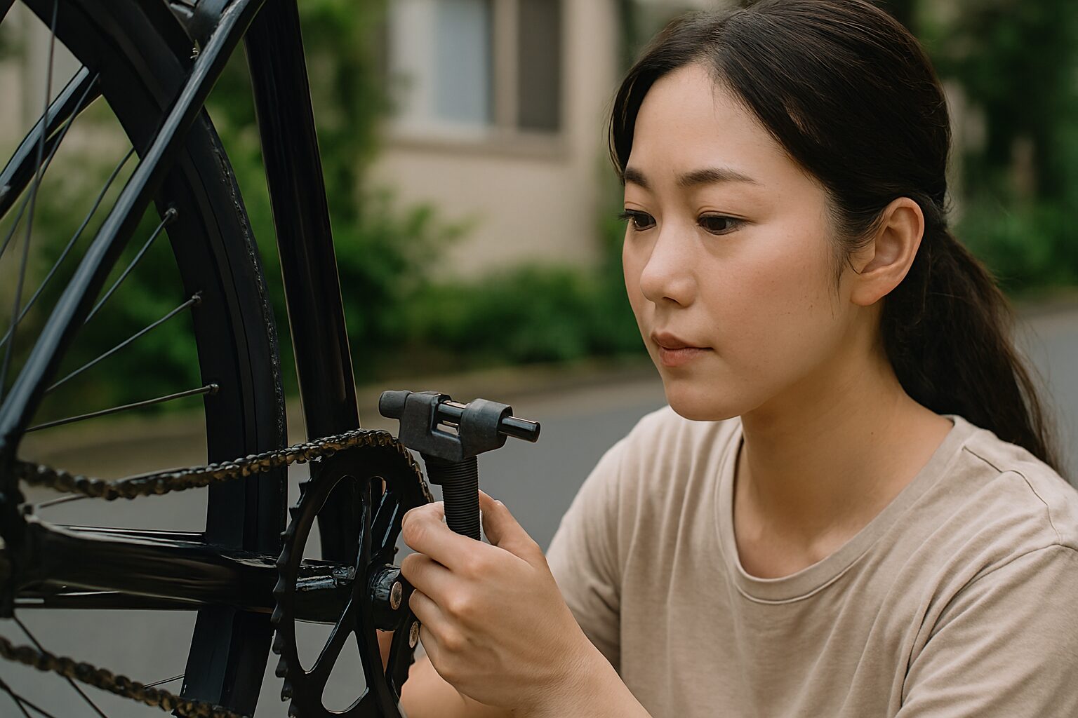 チェーンカッター使い方を整備する女性