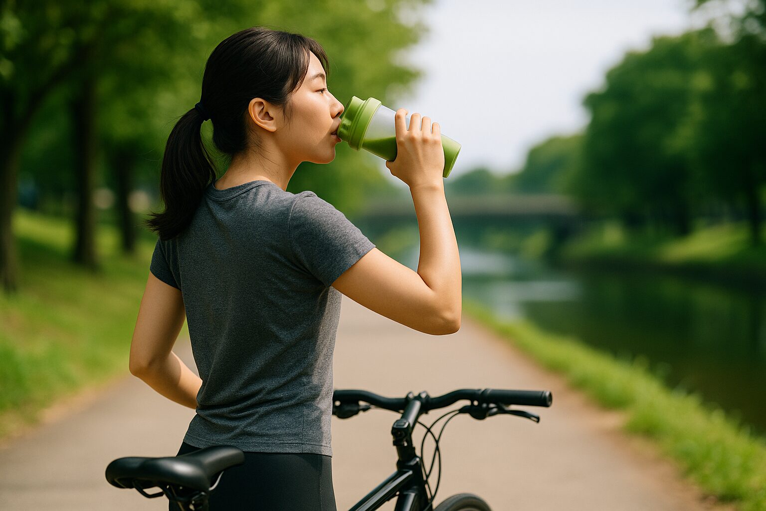 自転車30分後にプロテイン補給する女性