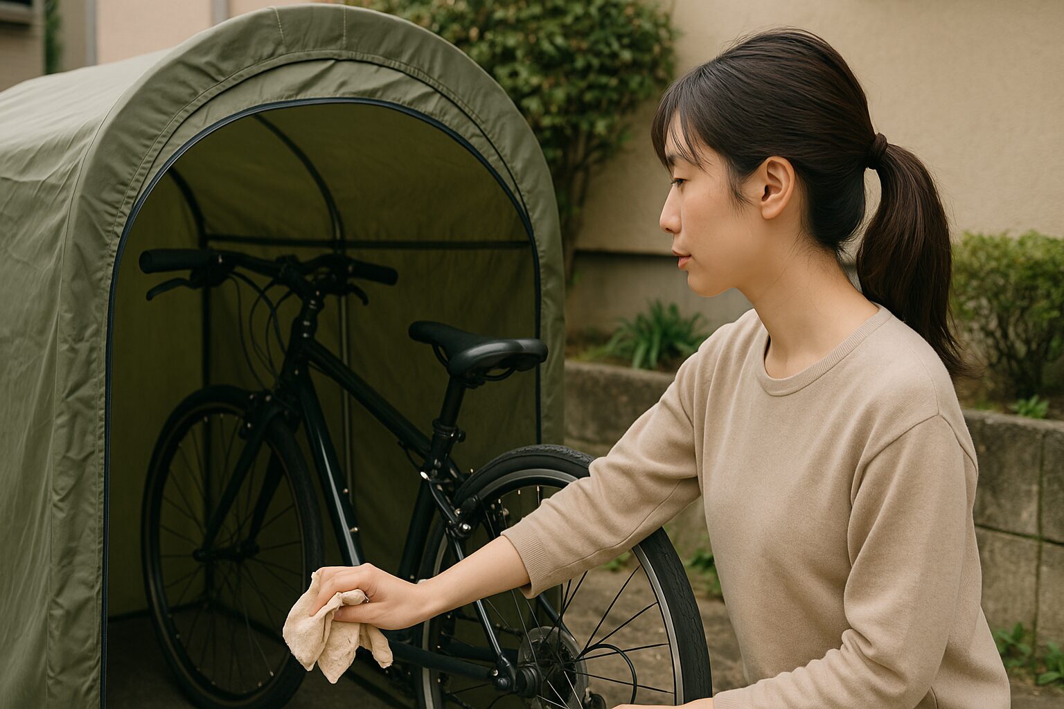 サイクルハウスで湿気対策をする女性