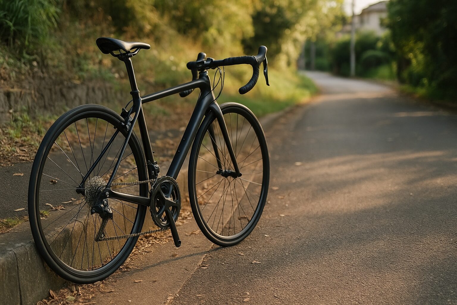 ロードバイク趣味の性格が表れる静かな道沿いの黒い自転車