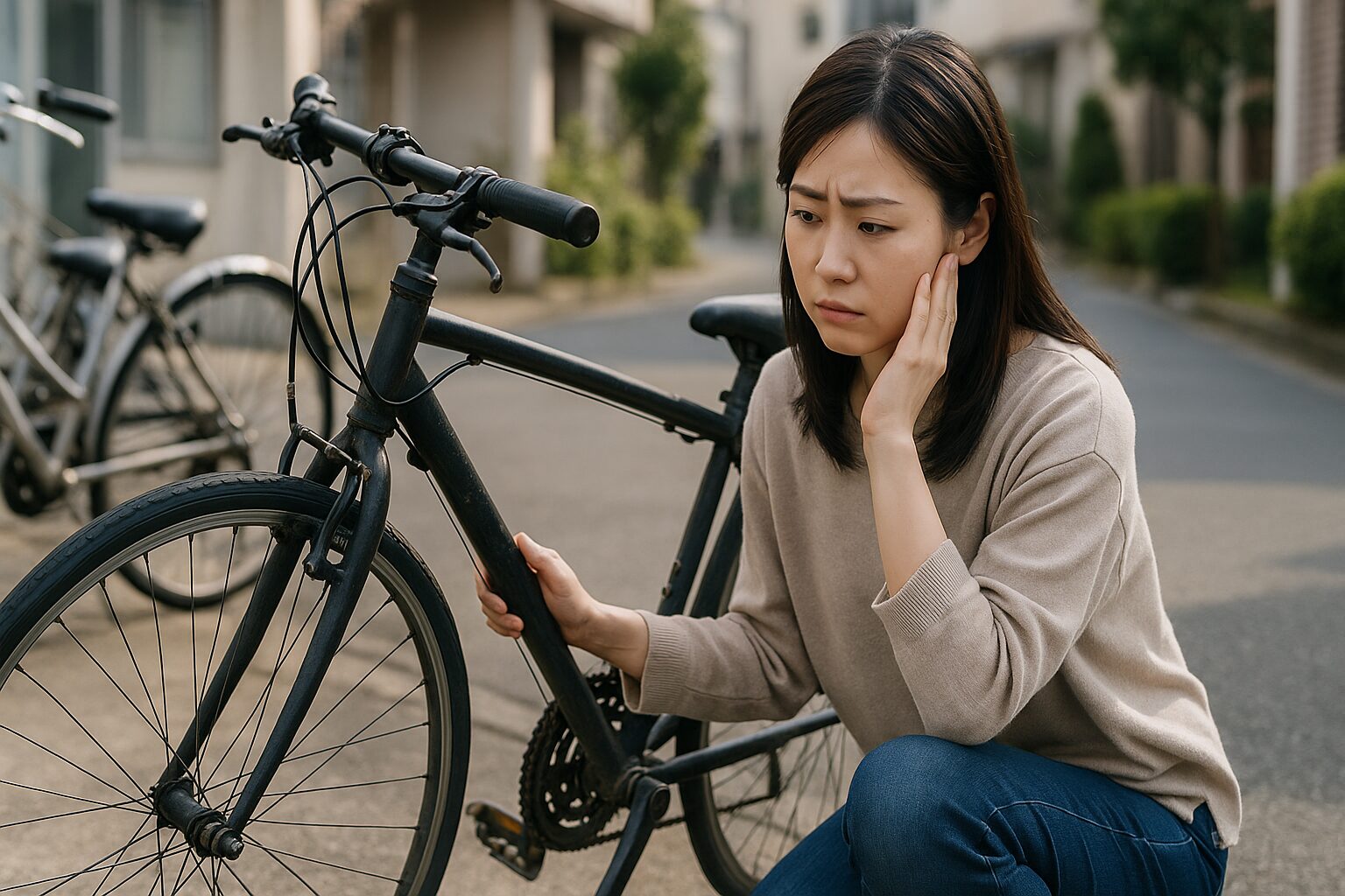 クロスバイク中古を前に悩む女性