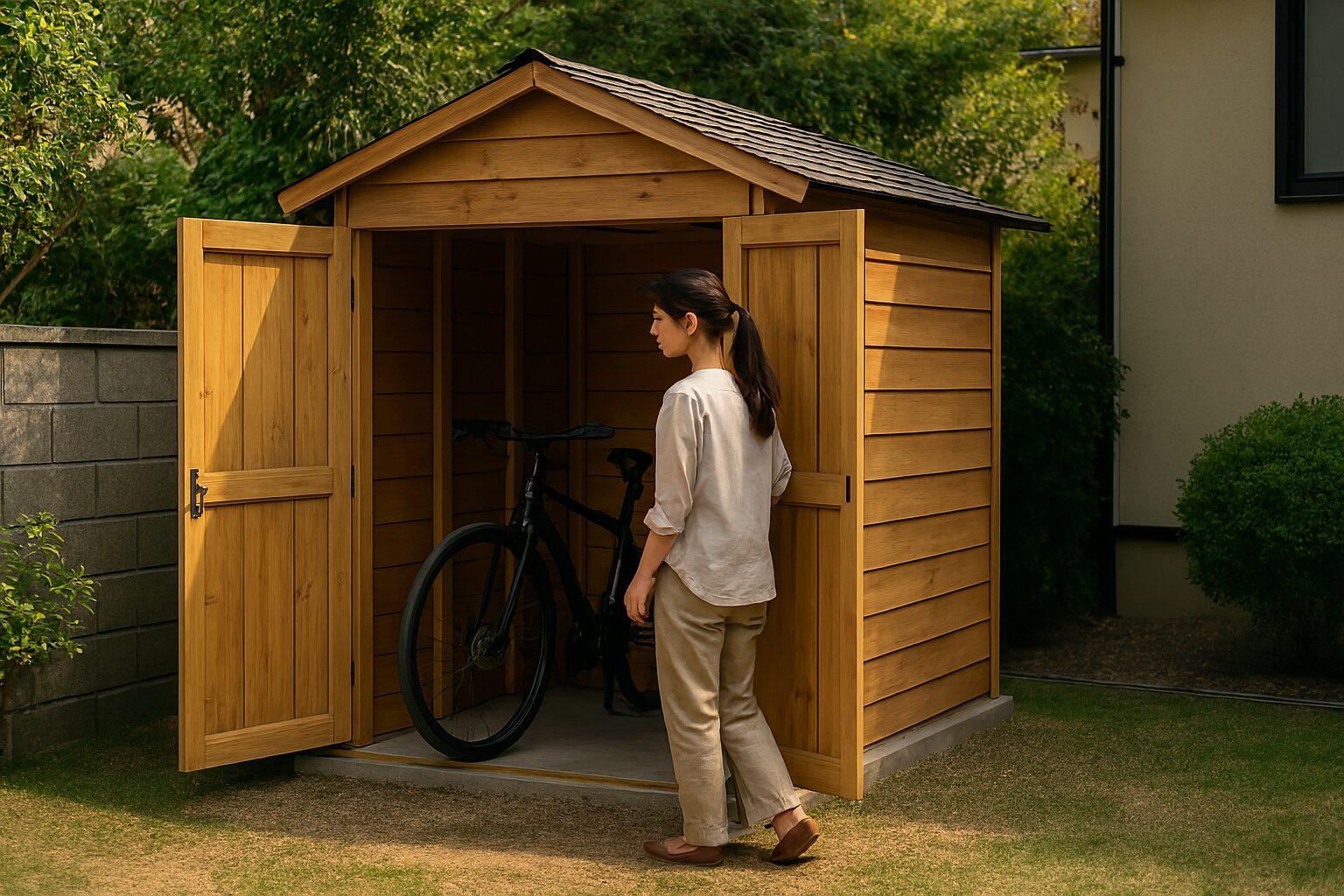 自転車が入る物置に立つ女性