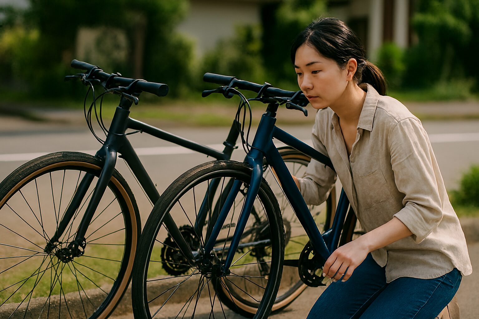 クロスバイク3万円と5万円を比較する女性