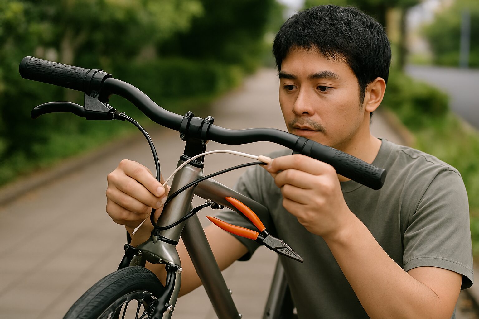 ブレーキワイヤー交換する日本人男性