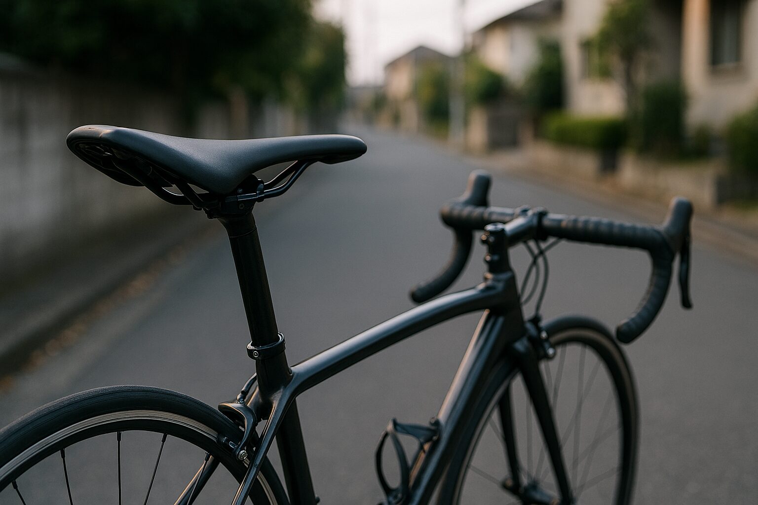 ロードバイクサドル後ろに下げた街並み