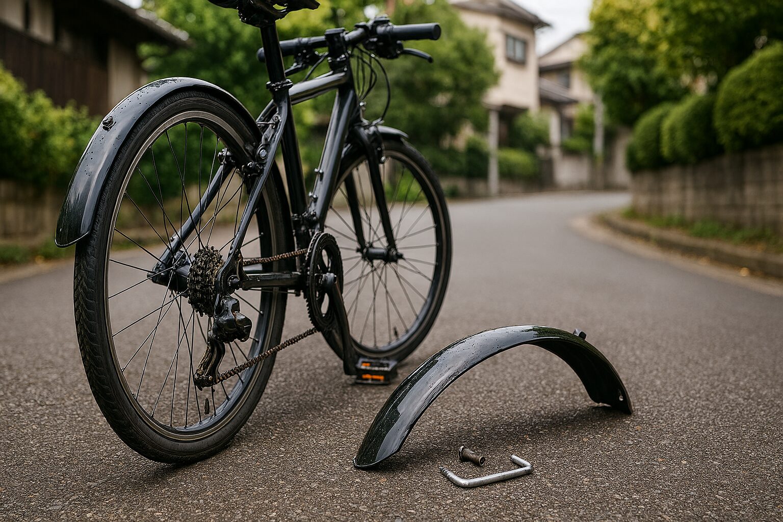 自転車泥除け外し方を示す後輪部分