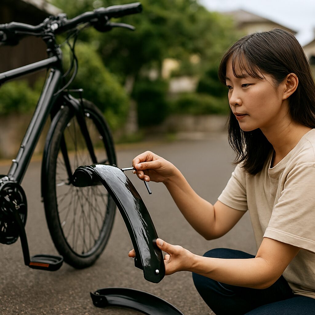 日本人女性が泥除けを外す様子