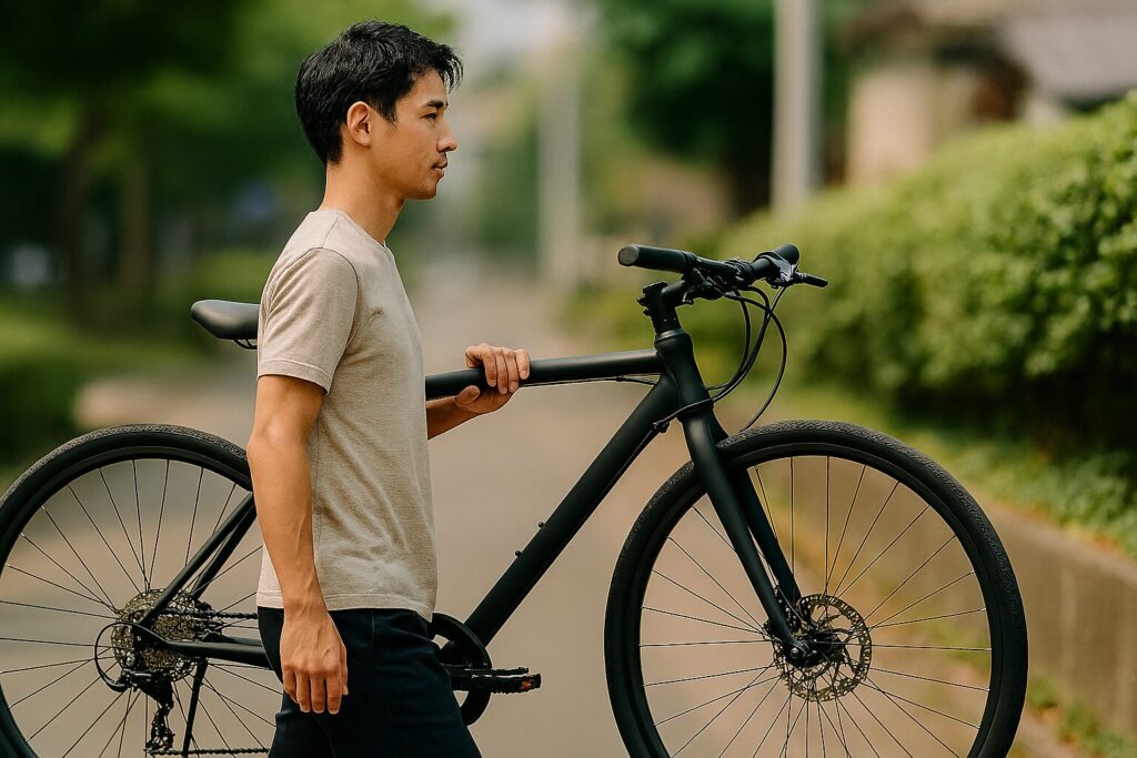 日本人男性がクロスバイクを持つ場面