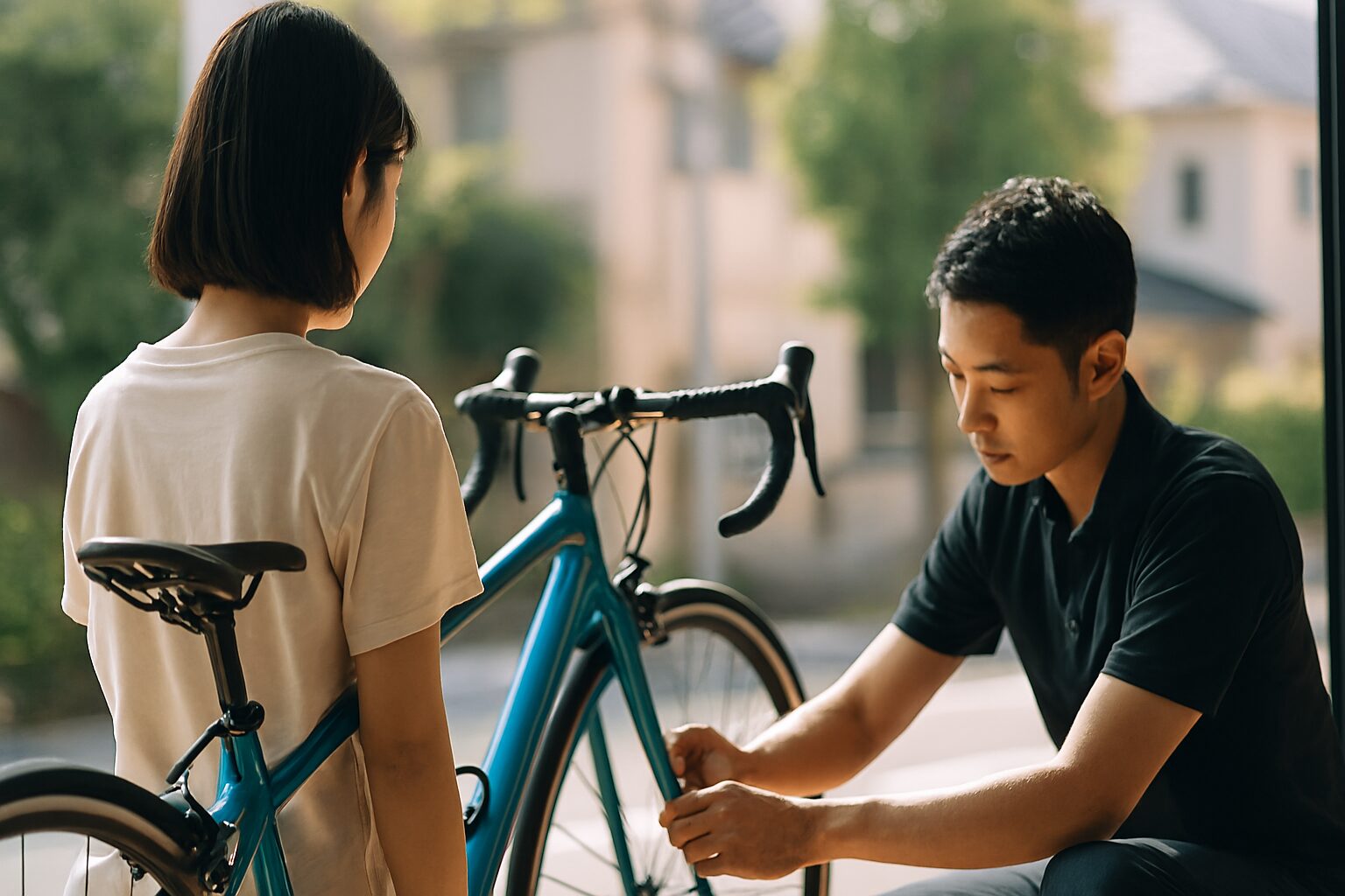 ロードバイクフィッティング調整を待っている女性