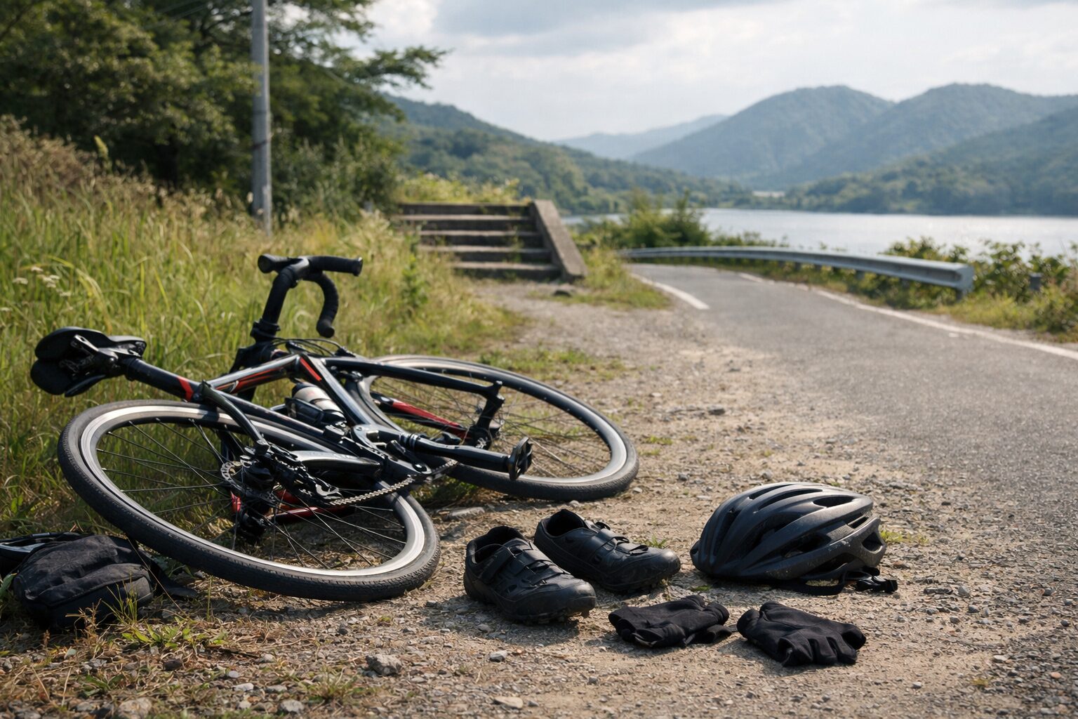 放置されたロードバイクと自然の風景