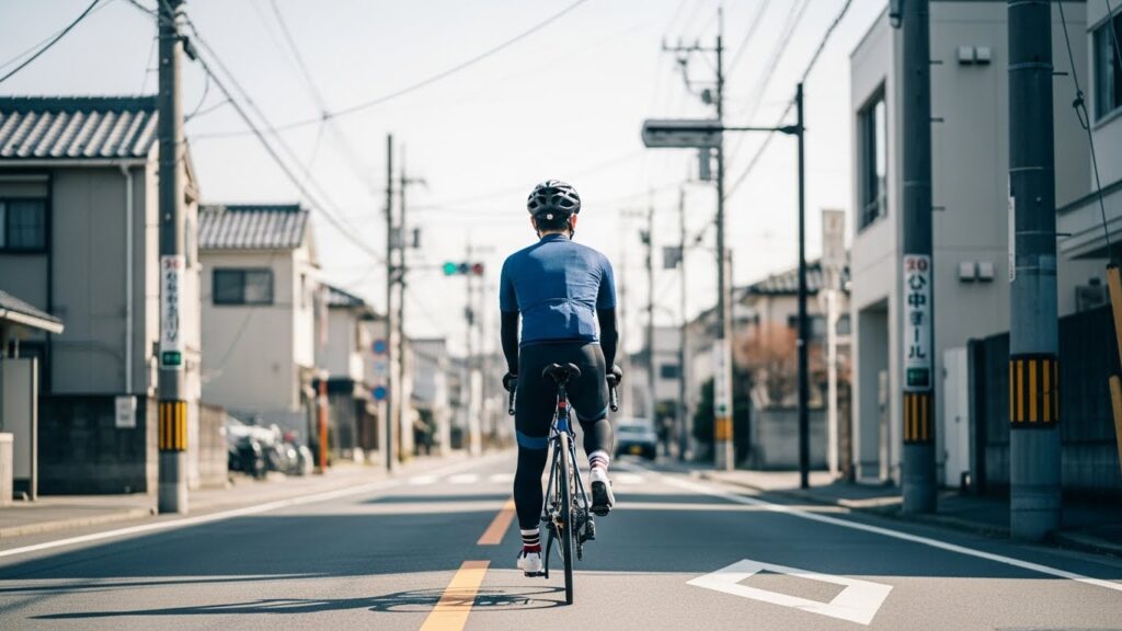 坂道で日本人男性がロードバイクに苦戦