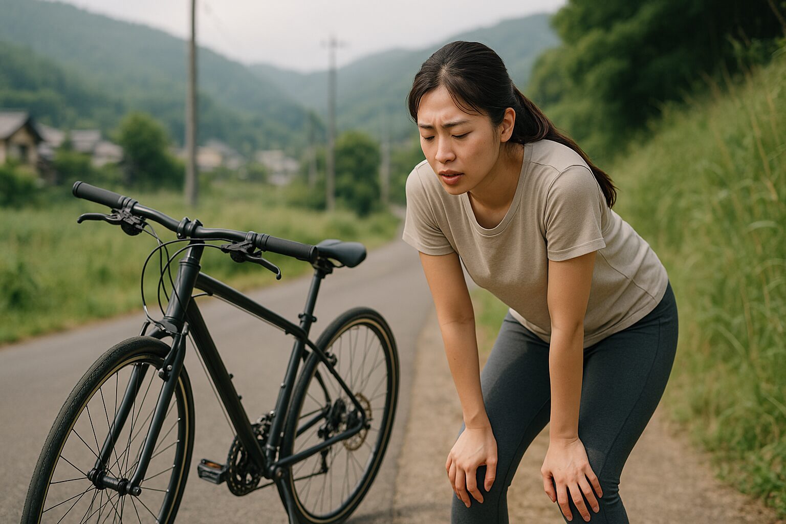 クロスバイクで長距離走行に疲れる女性