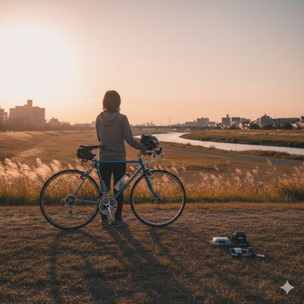 日本人女性がロードバイクを断念する場面