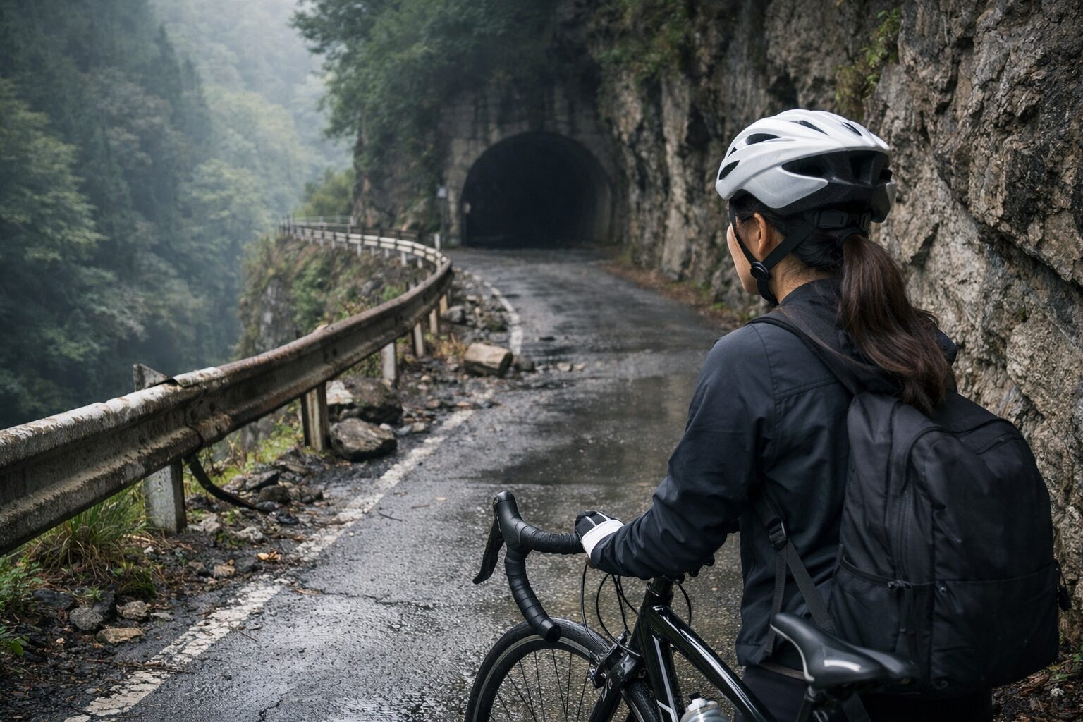 道志みちの暗い山道に立つ日本人女性と恐怖感