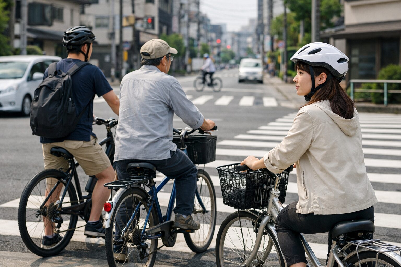 横断歩道で自転車にまたがる日本人女性