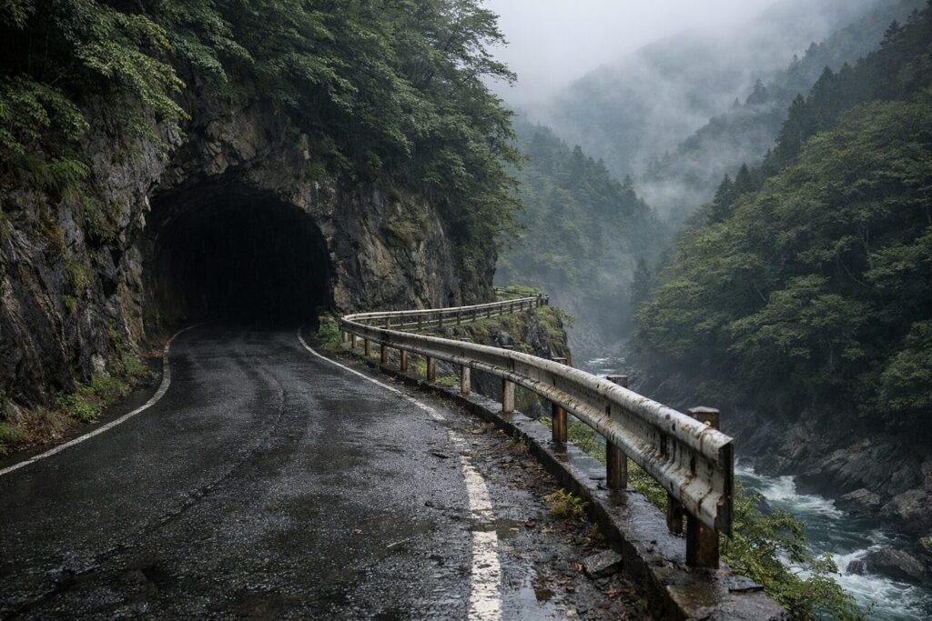 夜の道志みちの暗く不安を感じる山道の風景