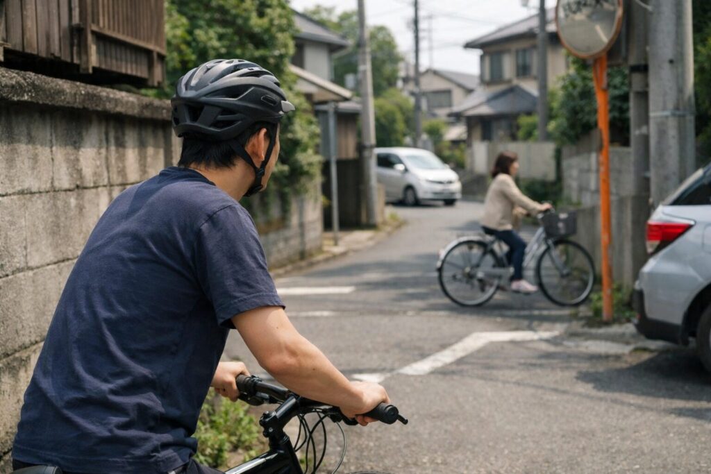 見通しの悪い交差点を走行する日本人男性の自転車