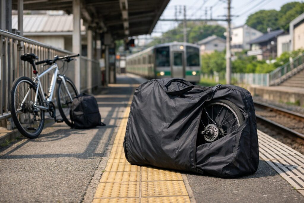 クロスバイク用輪行袋に収納した自転車