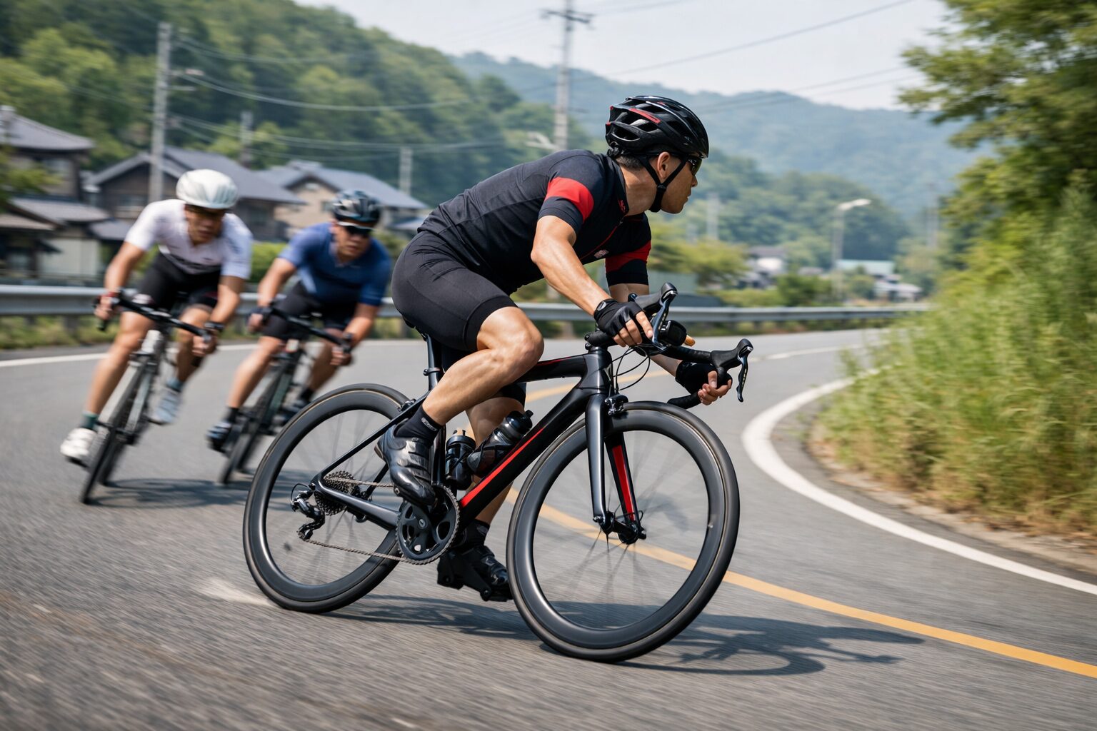 日本人男性がロードバイクで疾走