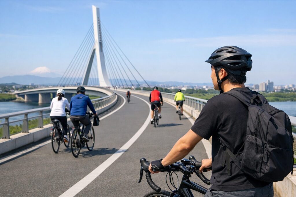 多摩川スカイブリッジで走る日本人男性