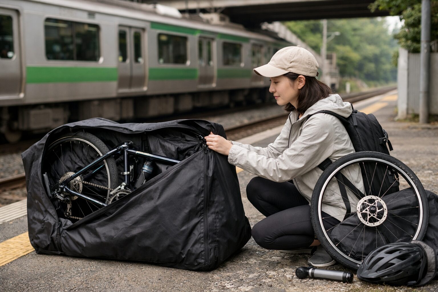 クロスバイク輪行袋を持つ日本人女性