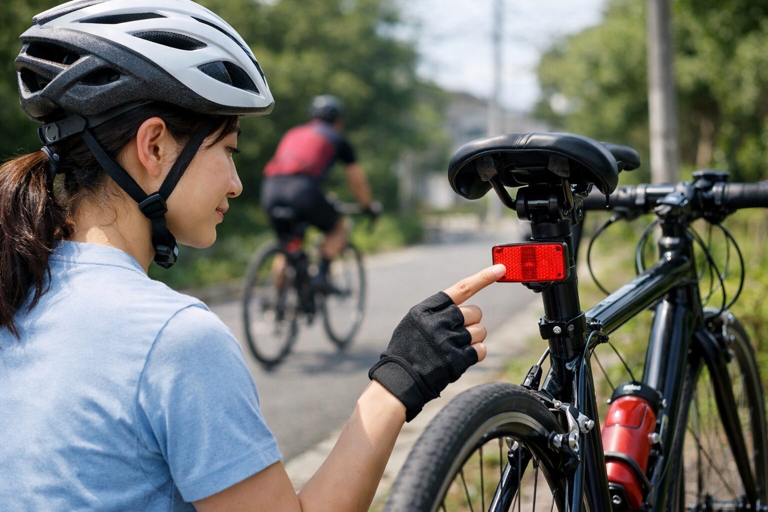 日本人女性のロードバイク反射板の使用