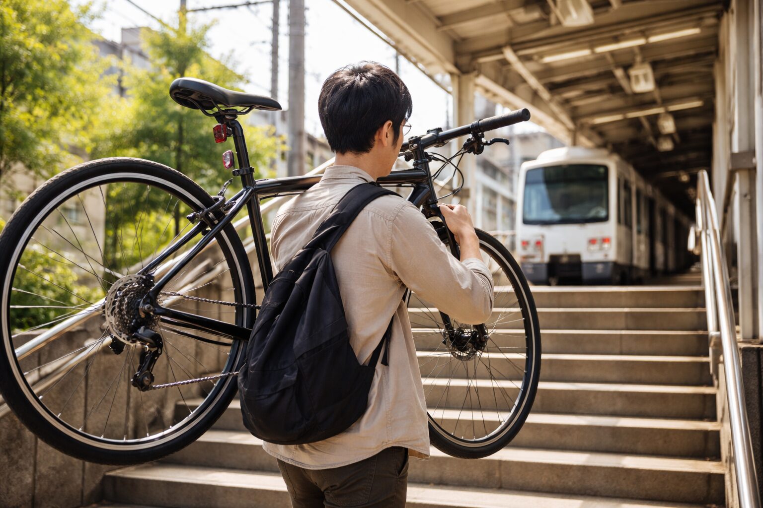 日本人男性がクロスバイクを持ち運ぶ様子
