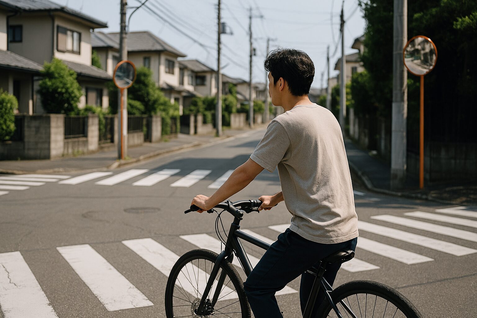 見通しの悪い交差点で徐行する日本人男性