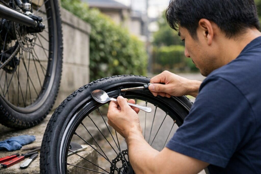 日本人男性が工具でタイヤレバー代用