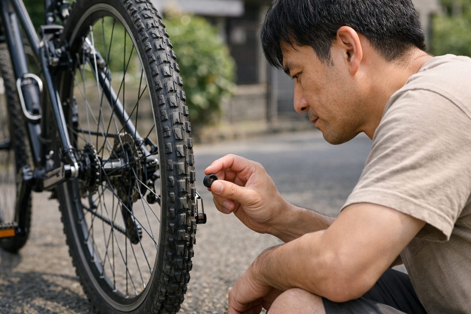 自転車タイヤのキャップ不要を確認する日本人男性