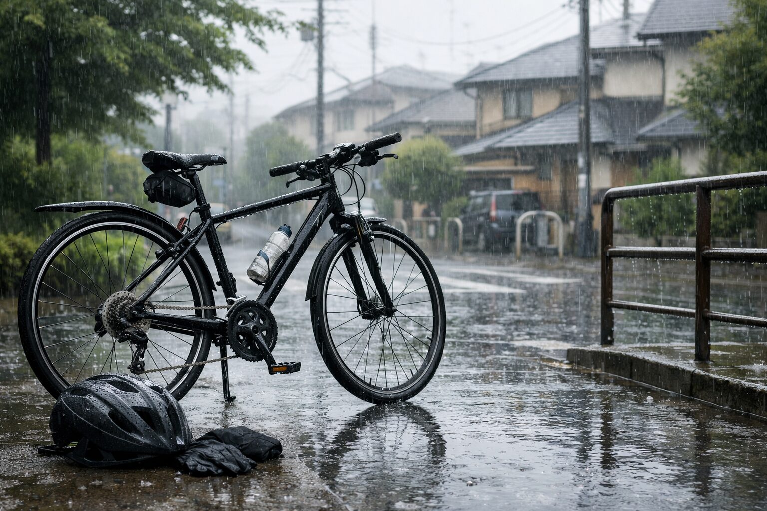 雨の日のクロスバイク走行シーン