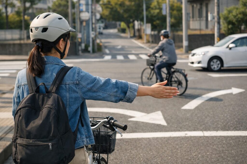 日本人女性が自転車で二段階右折の合図