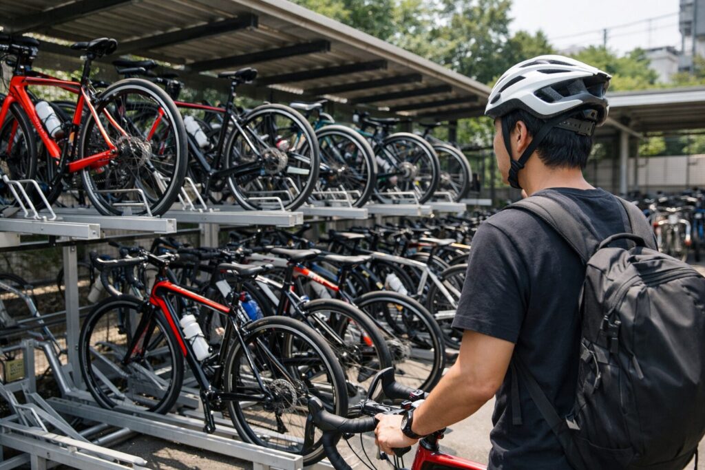 日本人男性が駐輪場でロードバイク停車