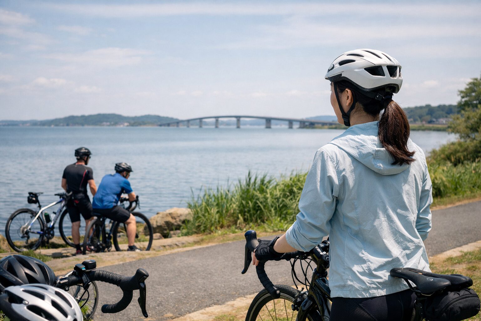 日本人女性が走るカスイチの湖畔景色