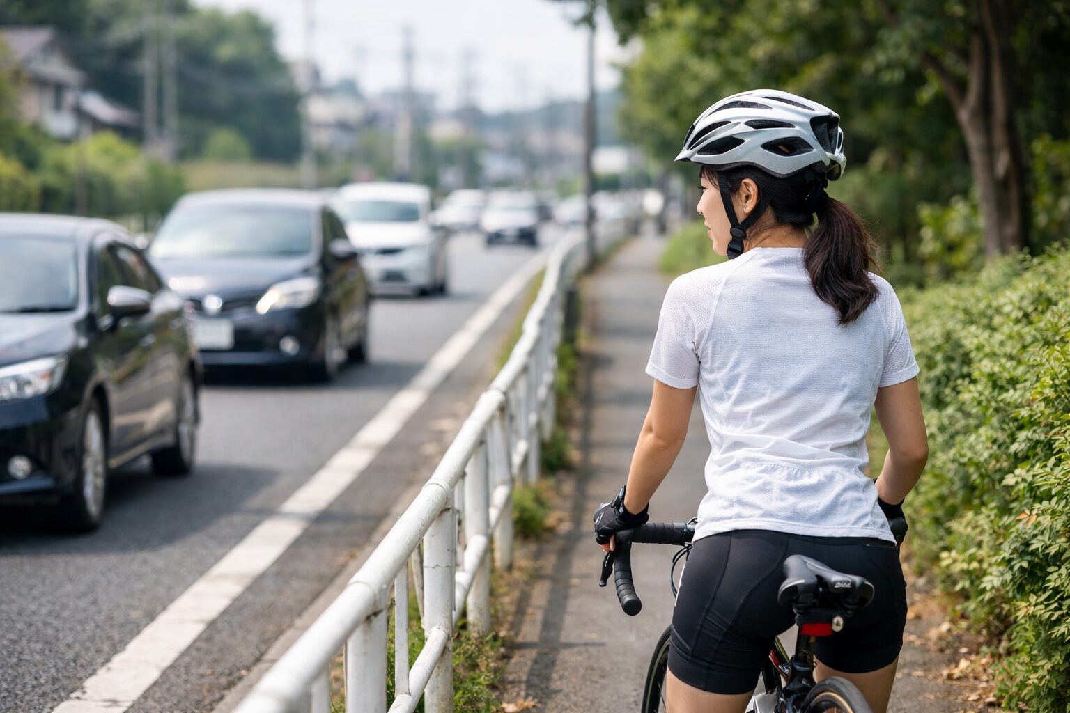 車道を走りたくない日本人女性のロードバイク