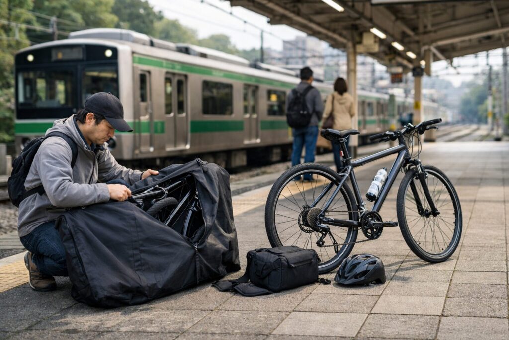 クロスバイクを輪行する日本人男性