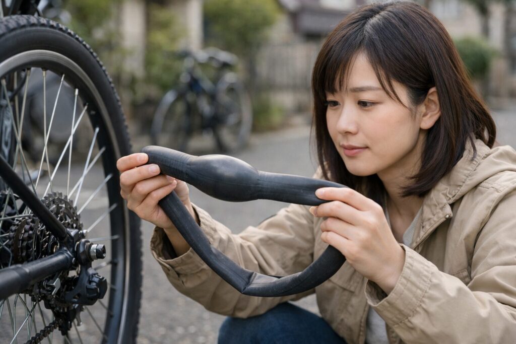 日本人女性が自転車チューブの膨らみを点検