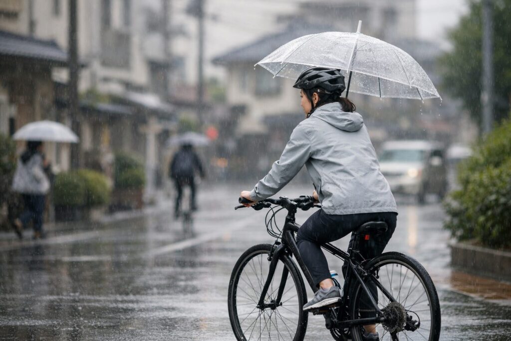 雨の日に走るクロスバイクの日本人女性