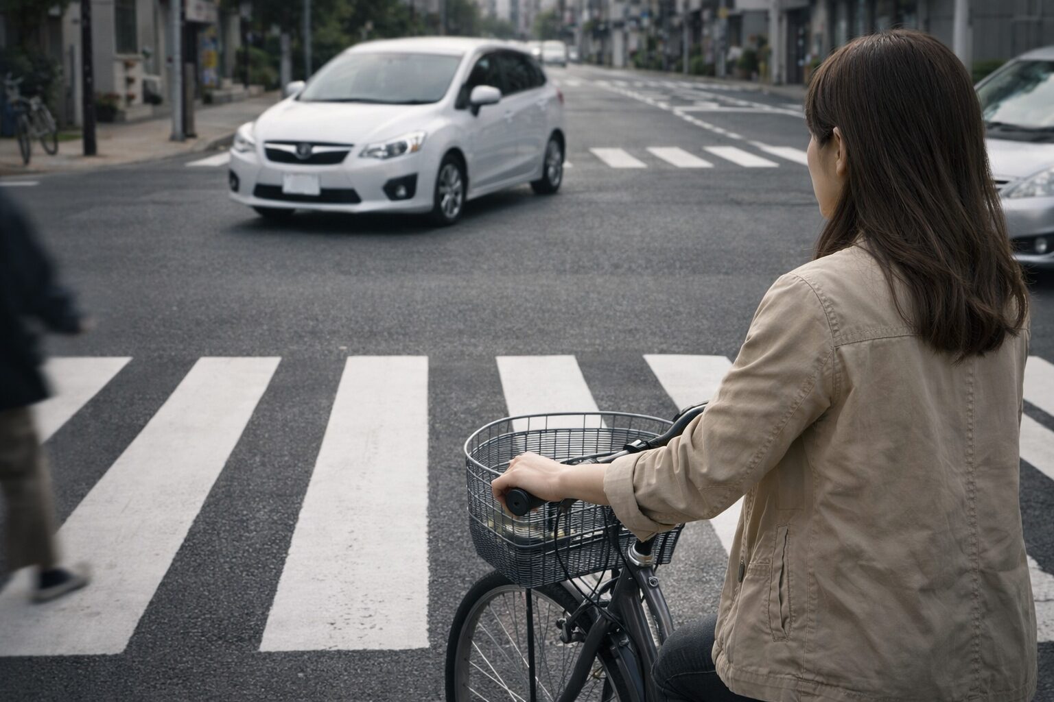 横断歩道を乗ったまま渡る日本人女性